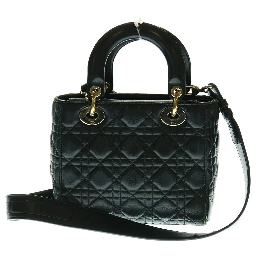 Dior Cannage Shoulder Black Christian Handbag Lady Leather